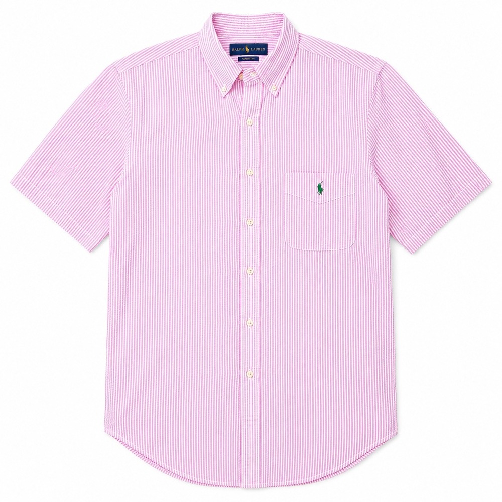 Ralph Lauren Mens 2XLT Button Down Shirt Pink White Seersucker Short Sleeve Tall